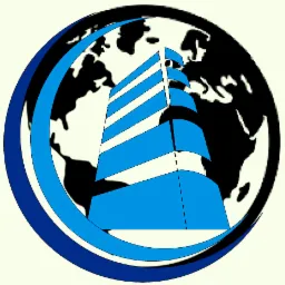 Graficzne logo firmy z Jednorożca przedstawiające stylizowany budynek z niebieskimi pasami na tle mapy świata i okręgu.