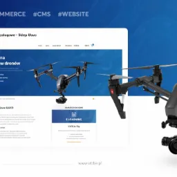 Strona internetowa sklepu Uavo prezentująca szkolenia dla operatorów dronów, z widocznymi hasztagami #E-COMMERCE, #CMS, #WEBSITE w górnej części.