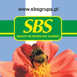 Logo firmy z adresem strony internetowej, zielonym paskiem z żółtym napisem SBS, napisem 'Składy Budowlane Samwo' i trzmiel na czerwonym kwiatku na błękitnym tle.