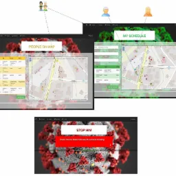 Zrzut ekranu aplikacji webowej z mapą i planem spotkań, wyświetlający harmonogram użytkownika i lokalizacje na mapie, z motywem wizualnym nawiązującym do pandemii COVID-19.