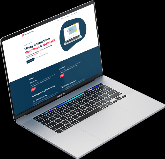 Laptop MacBook Pro wyświetlający stronę internetową marcinzogrodnik.pl z motywem WordPress i JAMStack, prezentowany pod kątem na czarnym tle.