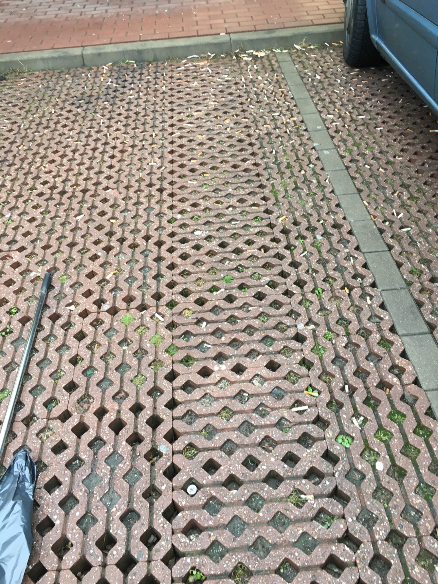 Kostka ażurowa na parkingu z widocznymi niedopałkami papierosów i drobną roślinnością w otworach, fragment samochodu w prawym górnym rogu, na ziemi leży metalowy kij i fragment folii.
