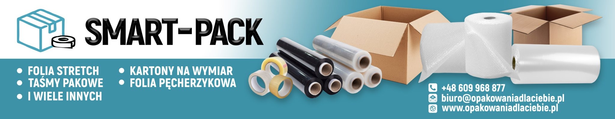 Grafika reklamowa z kartonami, folią stretch, folią pęcherzykową i taśmami pakowymi, prezentująca ofertę firmy Smart-Pack.