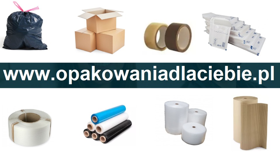 Kompozycja różnych materiałów do pakowania: kartony, taśmy klejące (brązowa i transparentna), folia bąbelkowa, folia stretch w kolorach białym, czarnym i niebieskim, wypełniacze do paczek...