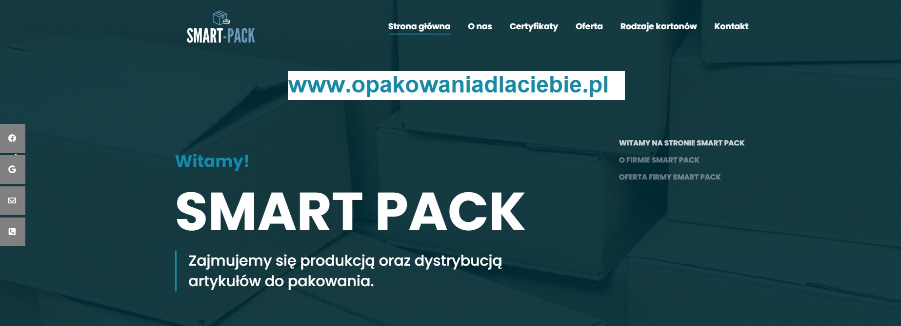 Strona internetowa firmy Smart Pack z ofertą artykułów do pakowania, widoczne menu nawigacyjne i logo firmy.