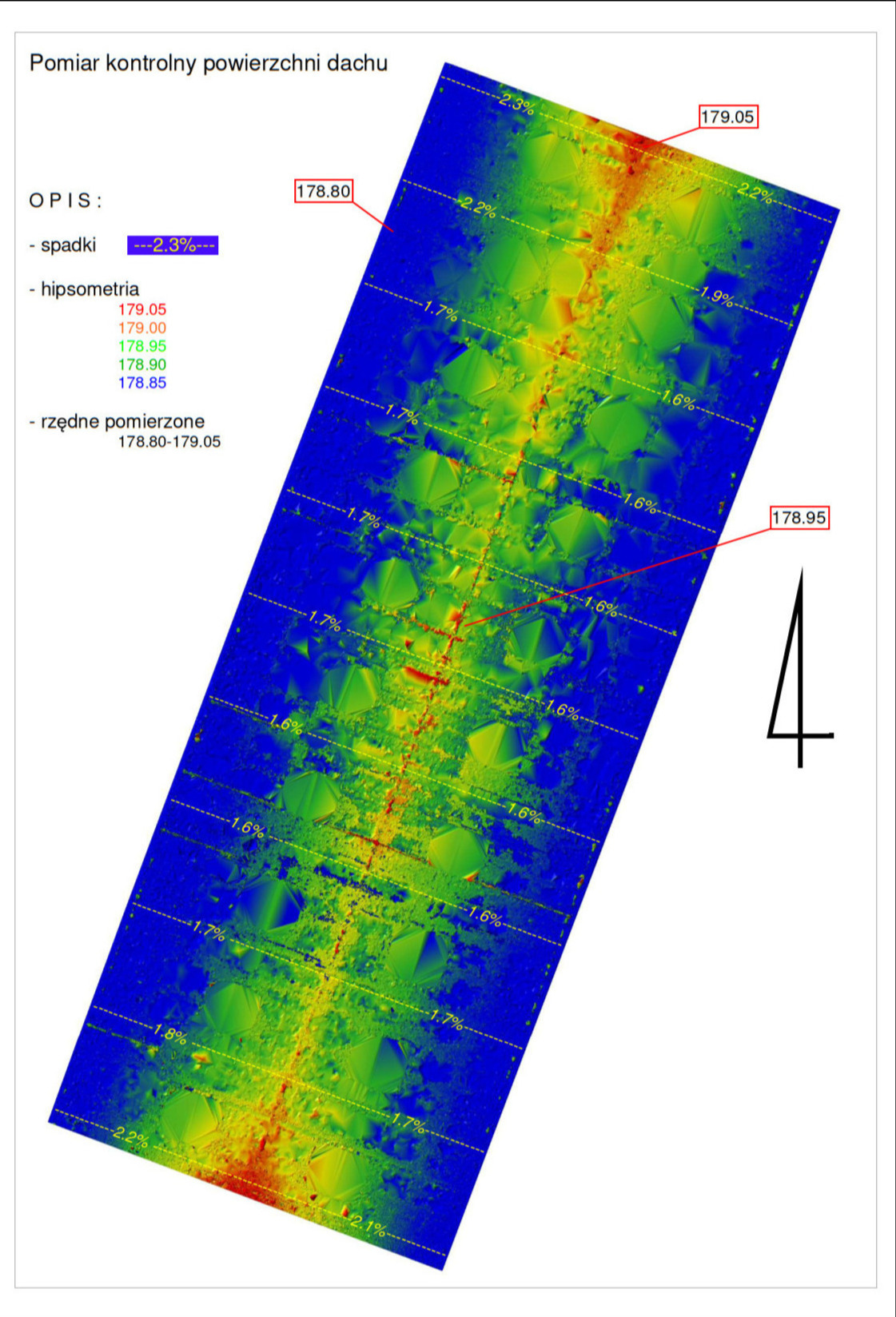 Kolorowa mapa hipsometryczna dachu z zaznaczonymi spadkami i rzędnymi pomiarowymi, prezentująca kontrolny pomiar powierzchni.