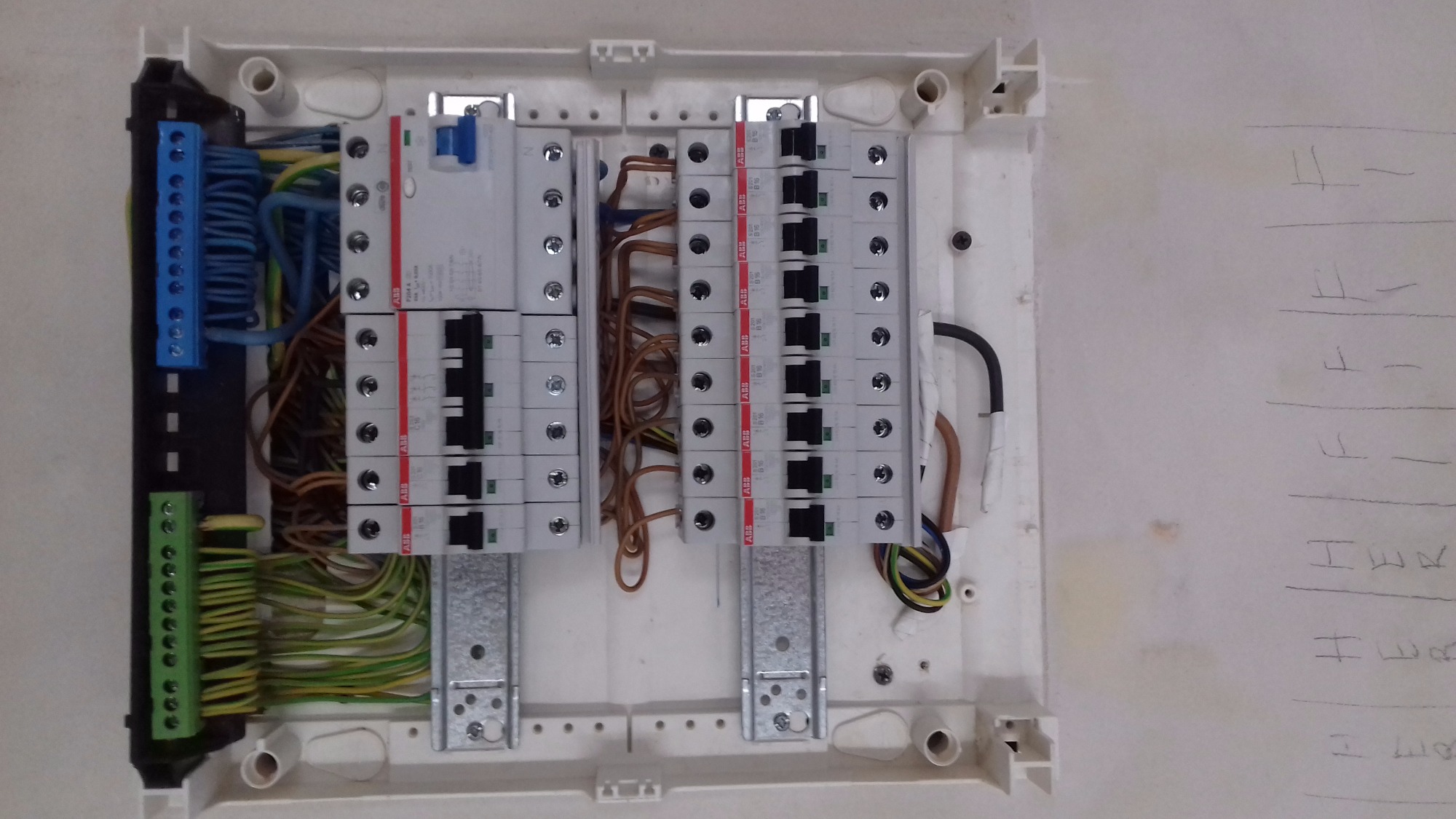 Otwarta skrzynka rozdzielcza z widocznymi bezpiecznikami ABB, złączkami i przewodami w różnych kolorach, zamontowana na ścianie z odręcznymi notatkami.