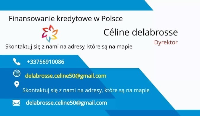 Wizytówka firmy oferującej finansowanie kredytowe w Polsce, z danymi kontaktowymi i logo.