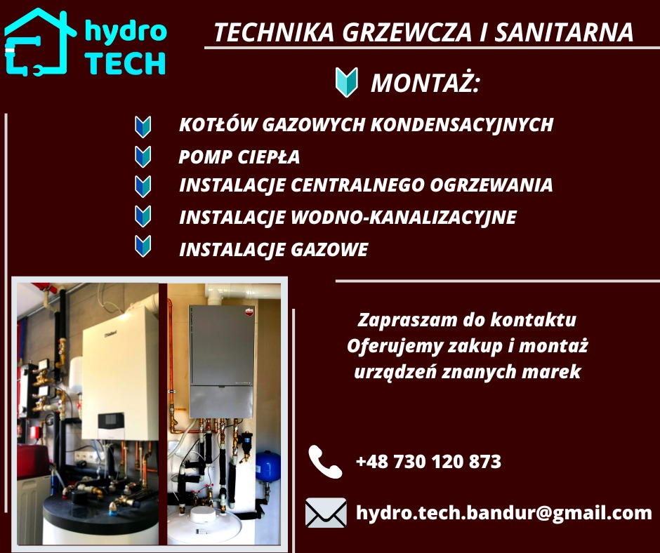 Grafika reklamowa firmy instalacyjnej z wizualizacją zamontowanych kotłów grzewczych i informacją o montażu instalacji centralnego ogrzewania, wodno-kanalizacyjnych i gazowych.