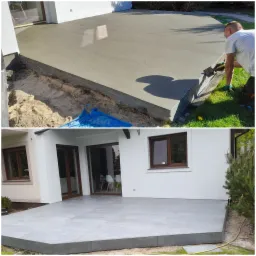 Dwuczęściowe zdjęcie przedstawia budowę tarasu: na górze wylewka betonowa podczas prac, na dole gotowy taras z szarych płyt na tle białego domu z brązowymi oknami i drzwiami.