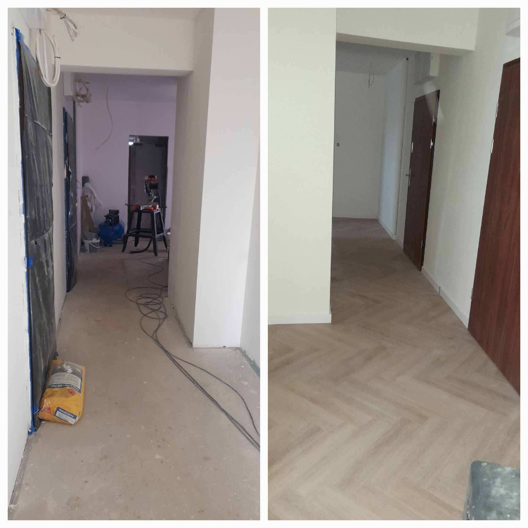 Dwa ujęcia korytarza w Boruja Kościelna: po lewej przygotowania do remontu z zakrytym podłożem i workiem zaprawy, po prawej ułożona podłoga w jodełkę z widocznymi drzwiami.