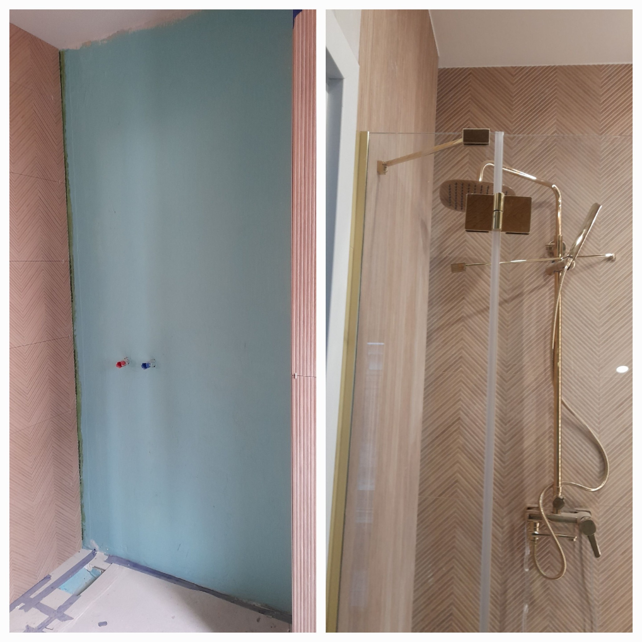 Łazienka w trakcie remontu: widoczna ściana z niebieską farbą, fragment ściany z płytkami ułożonymi we wzór jodełki, zamontowana kabina prysznicowa z złotą armaturą i woda lejąca się z prysznica.