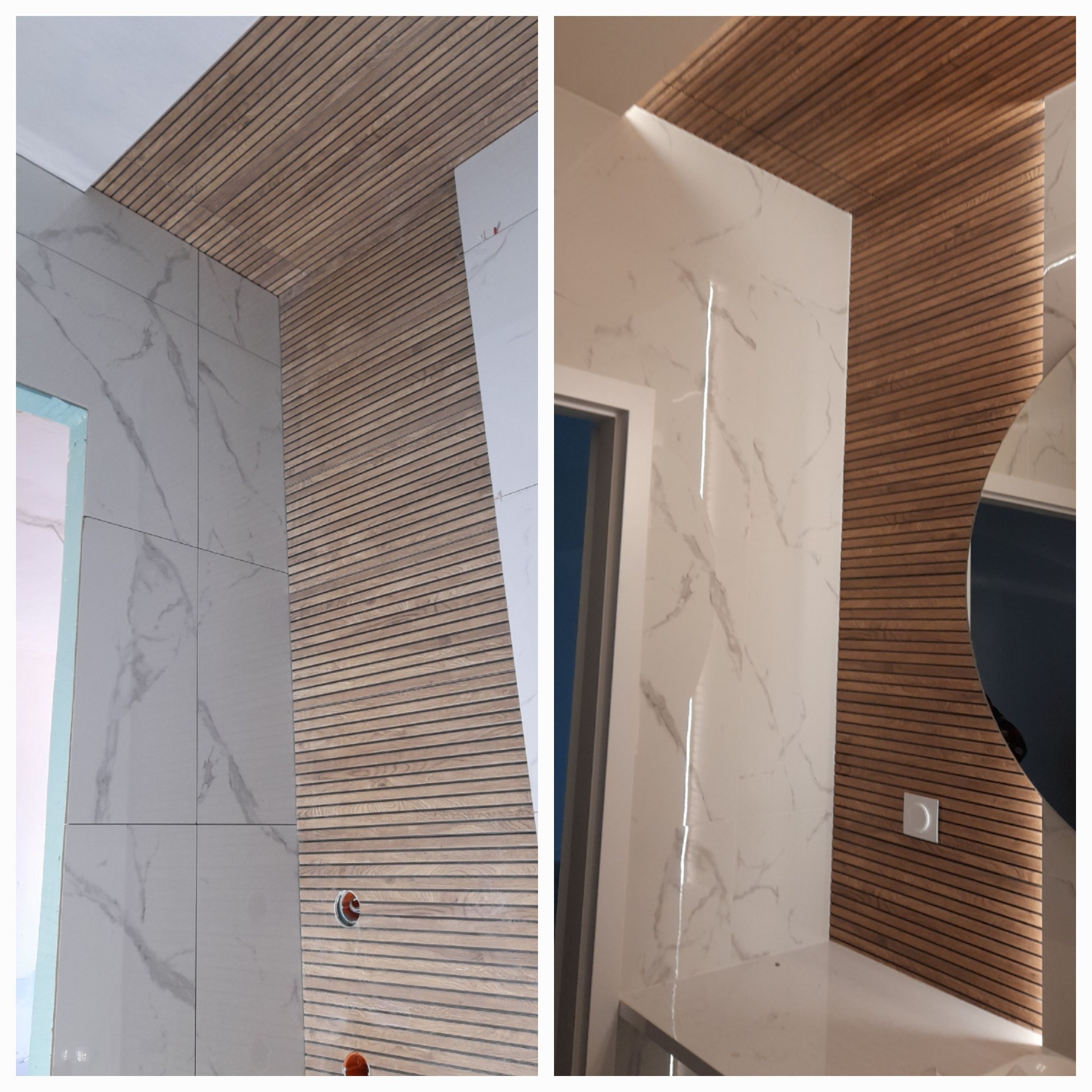 Fragment wnętrza łazienki z wykończeniem ścian płytkami imitującymi marmur oraz panelami lamelowymi na suficie i fragmencie ściany, widoczne otwory instalacyjne i fragment lustra.