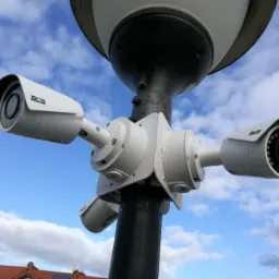 Zestaw czterech kamer przemysłowych marki BCS zamontowanych na słupie oświetleniowym, skierowanych w różnych kierunkach na tle błękitnego nieba z chmurami.