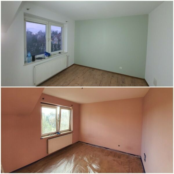 Zdjęcie przedstawia porównanie pokoju przed i po malowaniu. Górna część ukazuje pokój z zielonymi ścianami, a dolna część po przemalowaniu na kolor różowy, z podłogą zabezpieczoną folią.