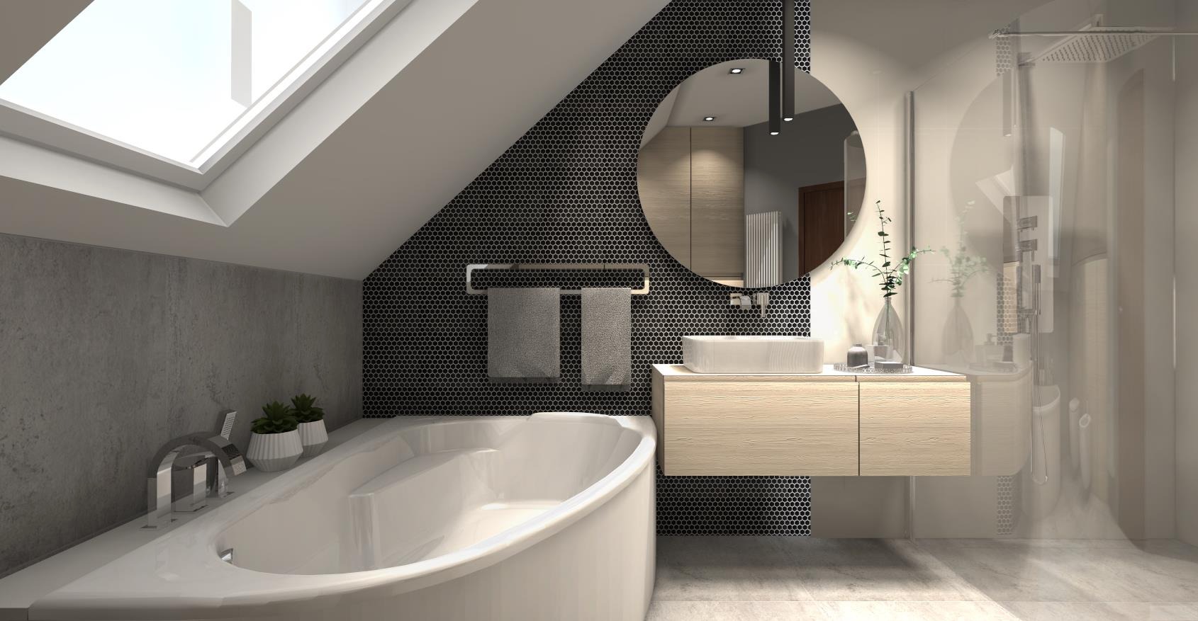 Wizualizacja łazienki na poddaszu z białą wanną, umywalką nablatową na drewnianej szafce, okrągłym lustrem i czarną mozaiką na ścianie, oświetlona światłem dziennym wpadającym przez okno dachowe.