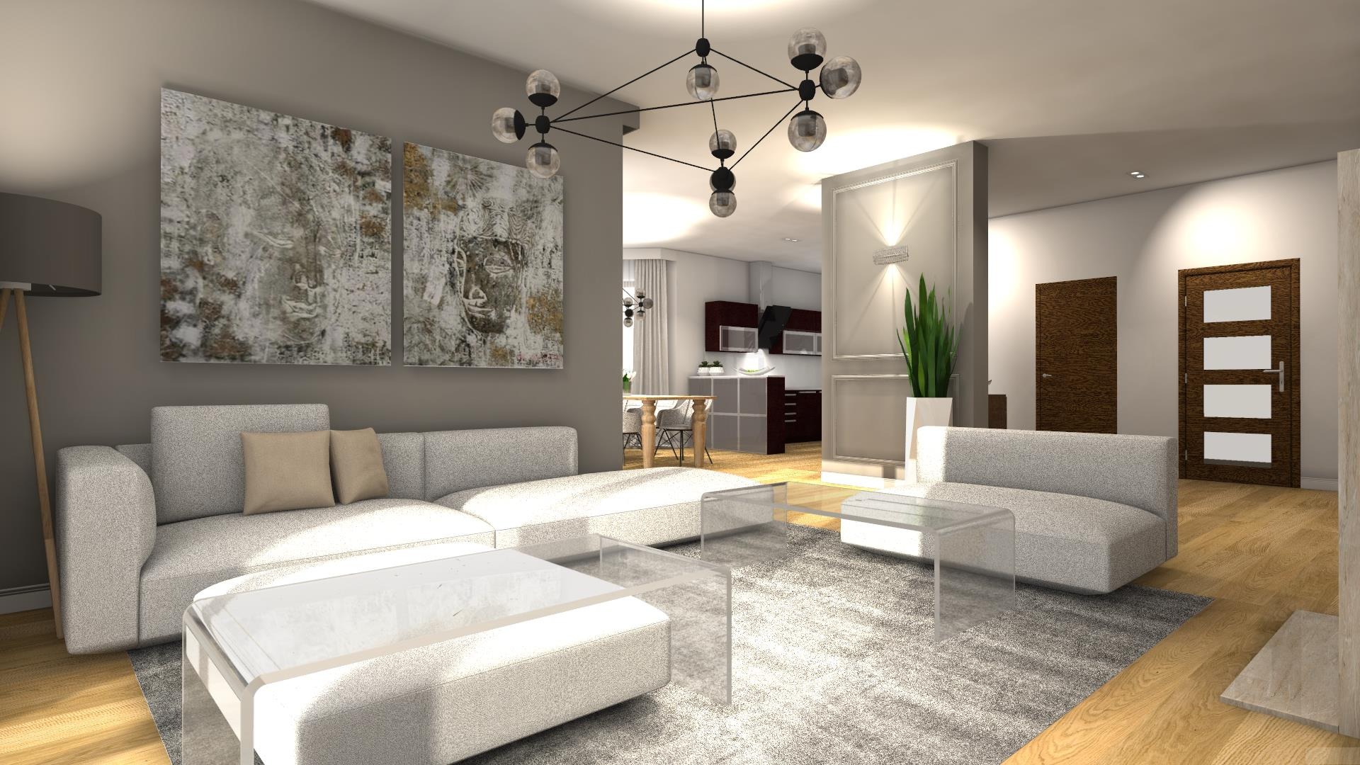 Wizualizacja przestronnego salonu z szarą sofą modułową, abstrakcyjnymi obrazami na ścianie, nowoczesnym oświetleniem i otwartą przestrzenią kuchenną w tle.