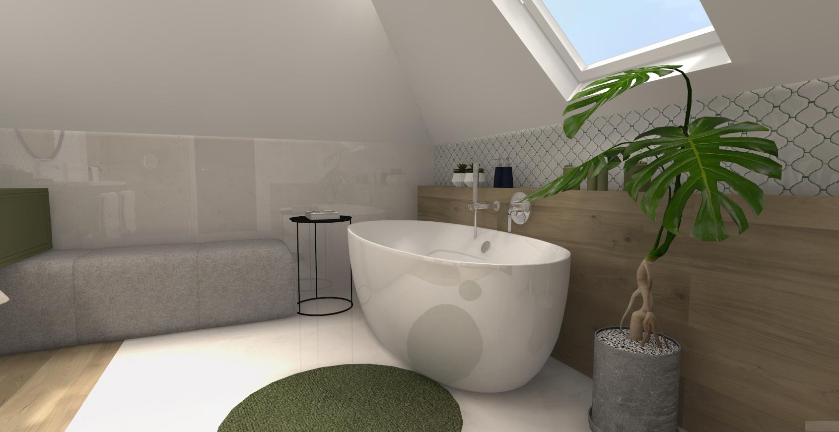 Wizualizacja łazienki na poddaszu z owalną wanną, rośliną Monstera, szarą pufą i okrągłym dywanikiem na białej podłodze.