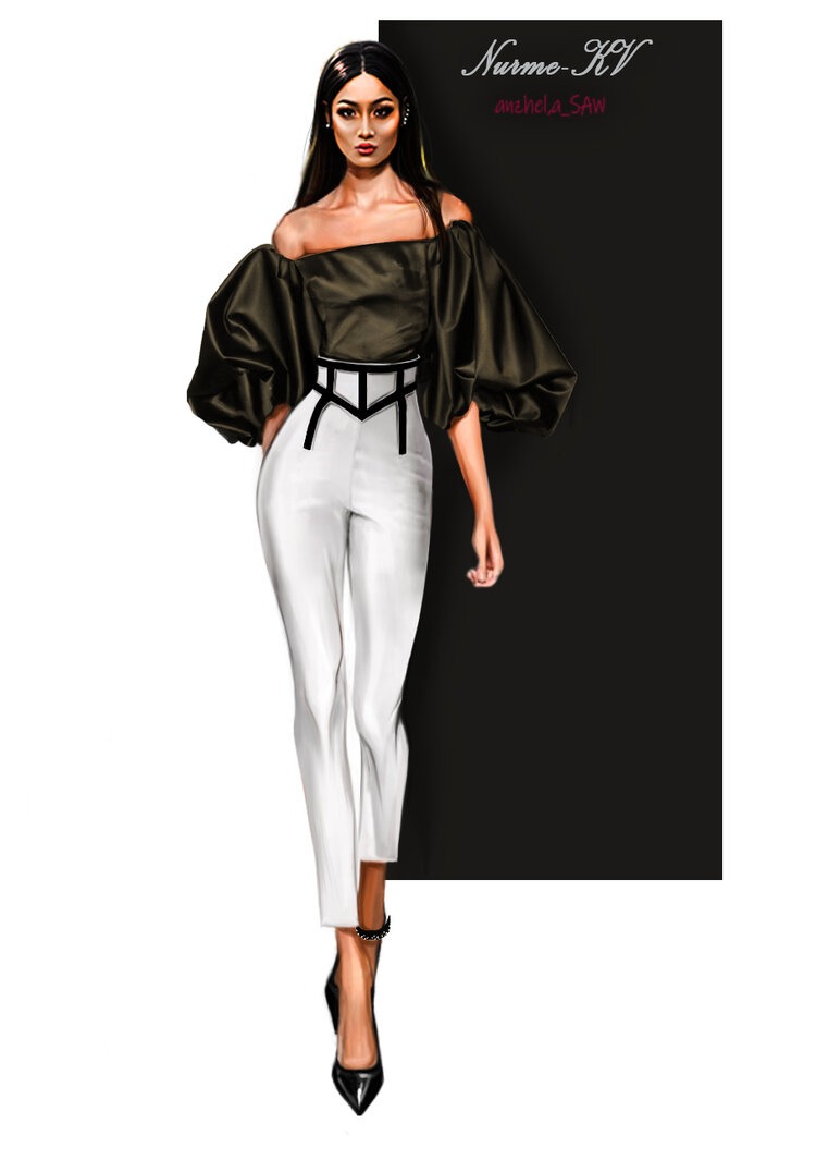 Ilustracja modowa przedstawiająca kobietę w czarnej bluzce z bufiastymi rękawami i białych spodniach z geometrycznym pasem, uzupełnona czarnymi szpilkami i delikatną bransoletką na kostce, na tle...