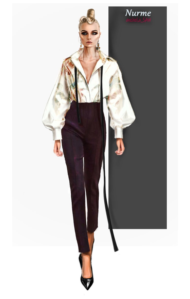 Ilustracja cyfrowa przedstawiająca modelkę w białej bluzce z bufiastymi rękawami i wzorem oraz ciemnych spodniach na szelkach, uzupełnioną o czarne szpilki i długie kolczyki, na tle z szarą kolumną.