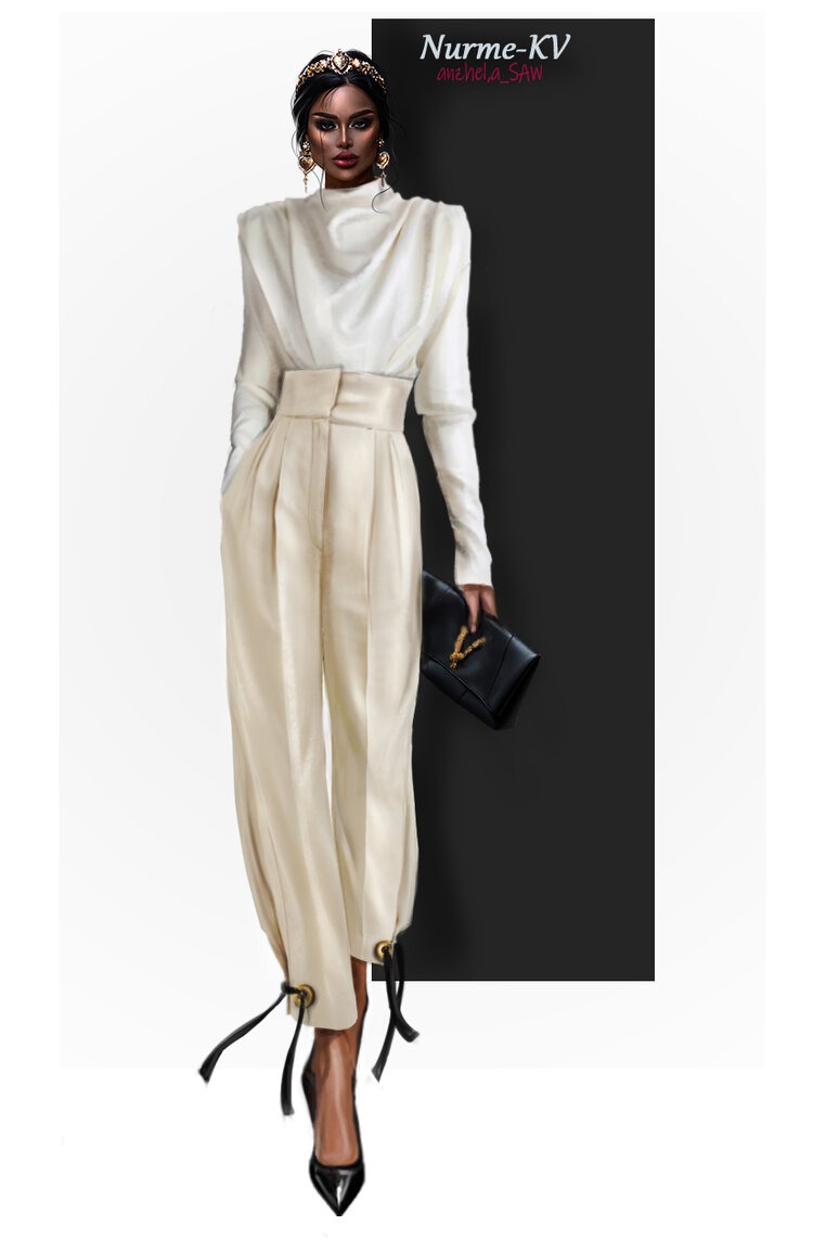 Ilustracja modowa: modelka w białym komplecie z szerokimi spodniami i czarną torebką z logo, na tle podzielonym na biel i czerń.