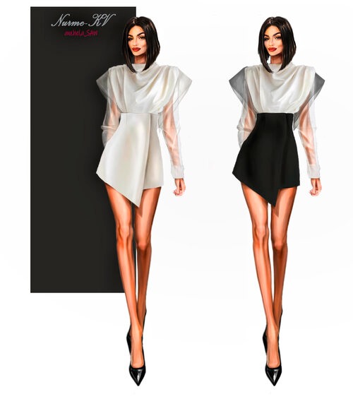 Ilustracja dwóch kobiecych sylwetek w asymetrycznych sukienkach z transparentnymi rękawami, jedna biała, druga czarno-biała, na białym tle z czarnym panelem z lewej strony.