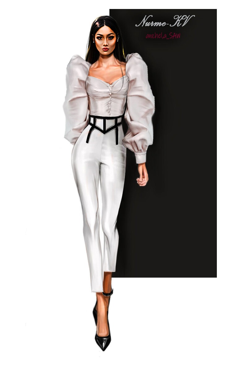 Ilustracja cyfrowa przedstawiająca modelkę w białym kombinezonie z bufiastymi rękawami i czarnym, geometrycznym paskiem, na tle podzielonym na białą i czarną część.