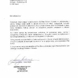 Skan listu referencyjnego dla Pana Roberta Kubiaka za profesjonalną obsługę księgową, rozliczenia podatkowe i kadrowo-płacowe, wystawionego przez Ekspresję Smaku Sp. z o.o. z Sopotu, z podpisem...