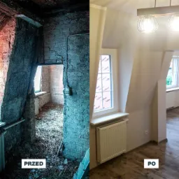 Zdjęcie 'Przed' i 'Po' przedstawiające remont poddasza: surowe cegły i bałagan kontra gładkie ściany, drewniana podłoga i nowoczesne oświetlenie.