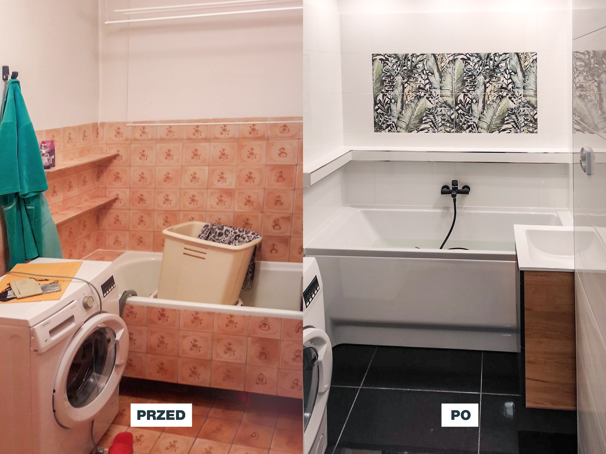 Porównanie łazienki przed i po remoncie: stare, różowe płytki z motywem kwiatowym kontra nowoczesne, białe płytki z motywem roślinnym i czarną armaturą, z widoczną pralką po obu stronach.
