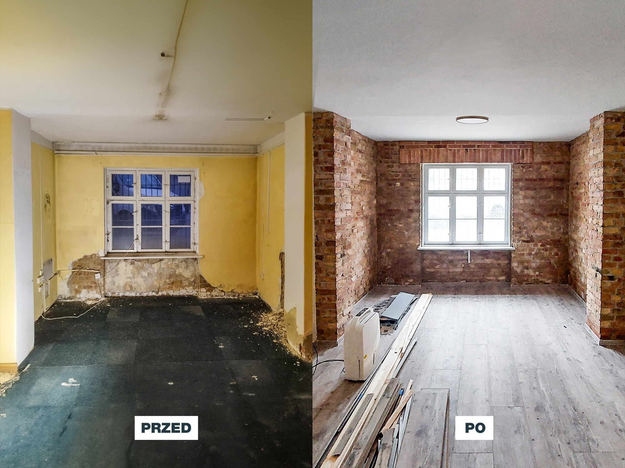 Porównanie stanu pokoju przed i po remoncie: po lewej żółte ściany z odpadającym tynkiem i czarną podłogą, po prawej odnowione wnętrze z ceglanymi ścianami, drewnianą podłogą i nowym oświetleniem.