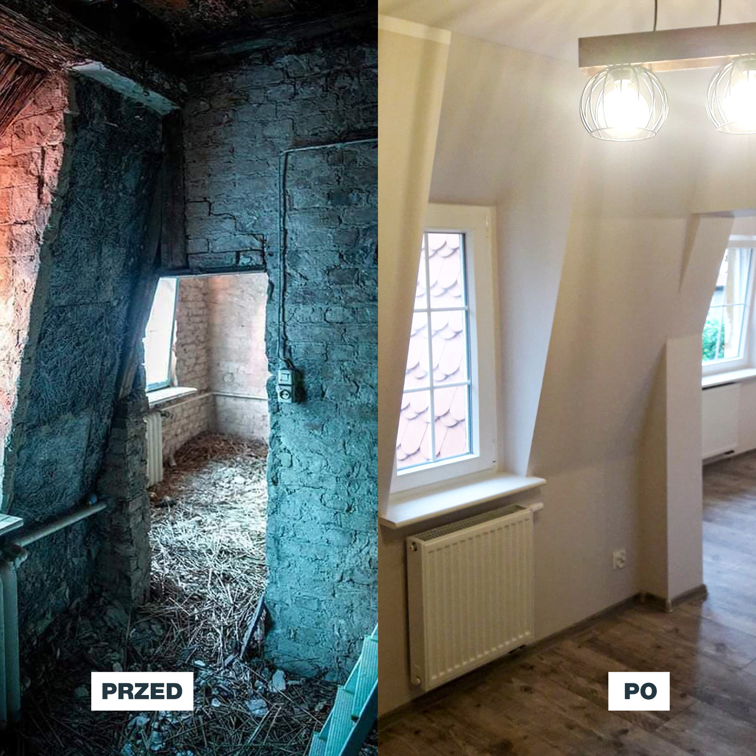 Zdjęcie 'Przed' i 'Po' przedstawiające remont poddasza: surowe cegły i bałagan kontra gładkie ściany, drewniana podłoga i nowoczesne oświetlenie.