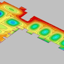 Krystian Kulanica Przedsiębiorstwo Budowlano-Inżynieryjne - Kolorowa mapa przemieszczeń 2D stropu, przedstawiająca wartości od -0.5 do -8.0 mm, wygenerowana w programie do analizy konstrukcji.