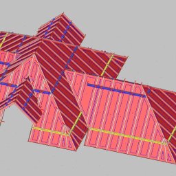 Krystian Kulanica Przedsiębiorstwo Budowlano-Inżynieryjne - Wizualizacja 3D skomplikowanej konstrukcji dachu z elementami drewnianymi, z zaznaczonymi wiązaniami i izolacją, prezentowana z góry na szarym tle.