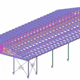 Wizualizacja 3D konstrukcji stalowej hali z elementami wzmacniającymi, widok z góry na białem tle.