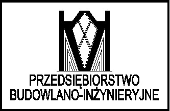 Czarno-białe logo firmy budowlano-inżynieryjnej z abstrakcyjnym symbolem przypominającym fragment konstrukcji budynku lub stylizowaną literę 'V' z pionowymi liniami.