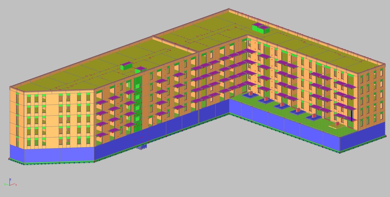 Wizualizacja 3D budynku wielorodzinnego w kształcie litery L, z zaznaczonymi elementami konstrukcyjnymi w różnych kolorach: pomarańczowym, zielonym i fioletowym, na szarym tle. Widoczne liczne okna...