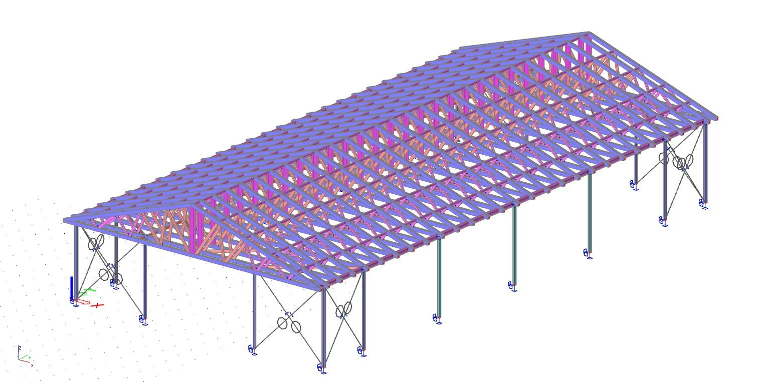 Wizualizacja 3D konstrukcji stalowej hali z elementami wzmacniającymi, widok z góry na białem tle.