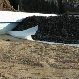 Przygotowanie do izolacji fundamentu: ściana fundamentowa wyłożona styropianem, zabezpieczona geowłókniną, zasypywana kamieniami drenażowymi.