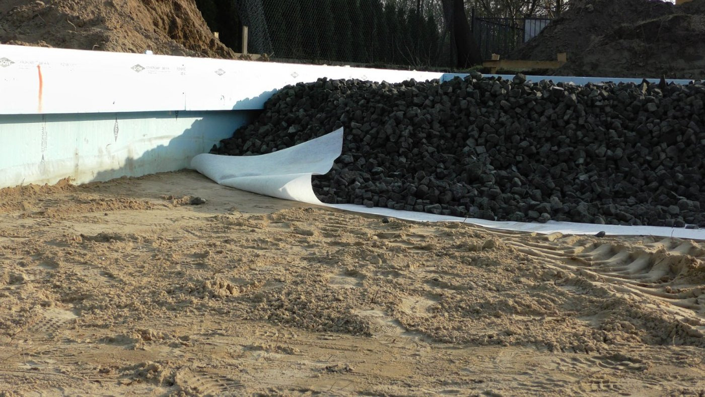 Przygotowanie do izolacji fundamentu: ściana fundamentowa wyłożona styropianem, zabezpieczona geowłókniną, zasypywana kamieniami drenażowymi.