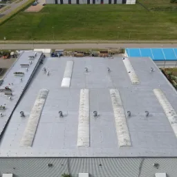 Szeroki, płaski dach przemysłowy z świetlikami i wentylacją, widok z góry. W tle budynki, trawnik i parking z samochodami.