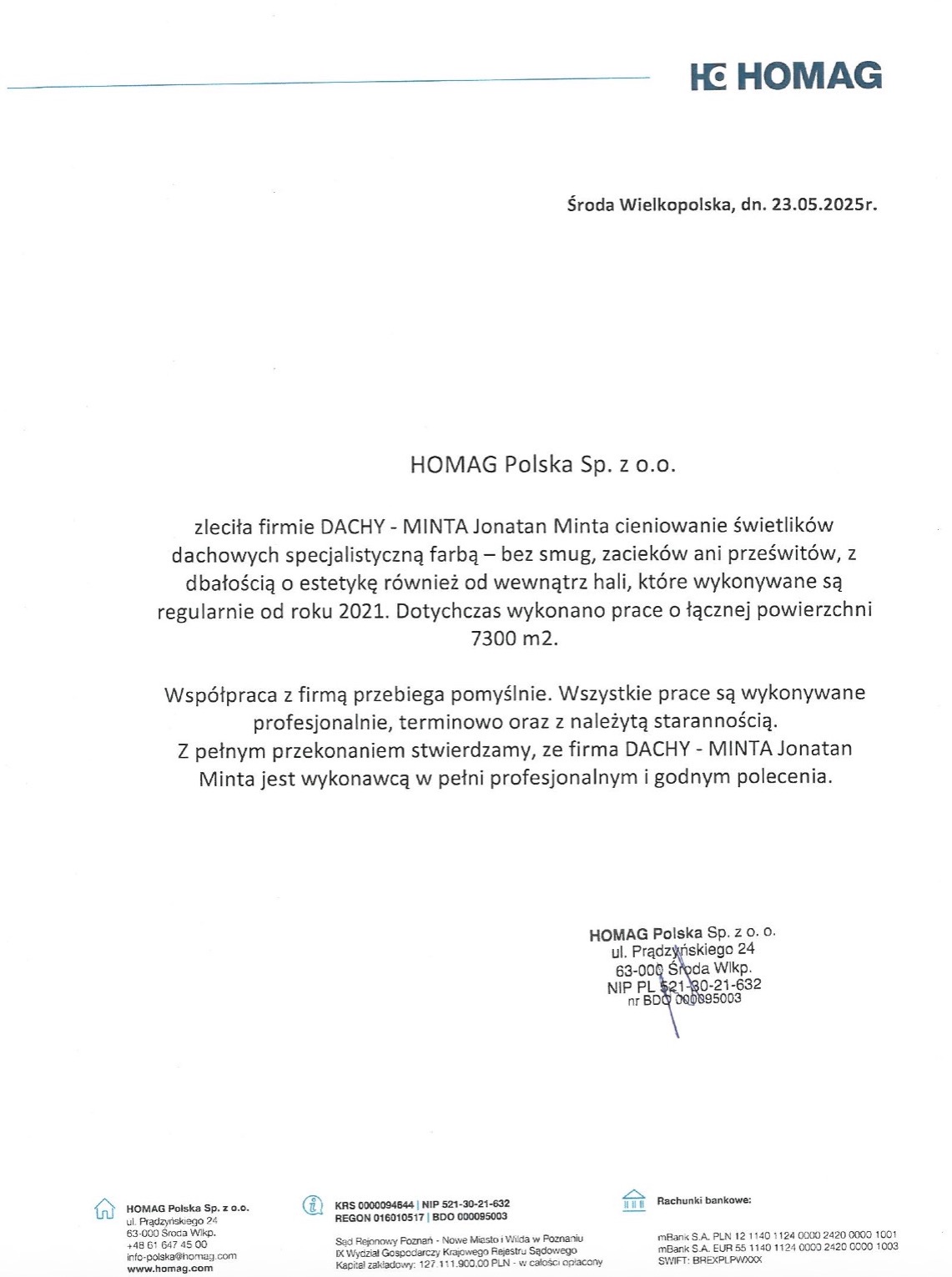 Skan referencji dla firmy DACHY-MINTA za cieniowanie świetlików dachowych specjalistyczną farbą w hali o powierzchni 7300 m2. Dokument firmowy HOMAG Polska Sp. z o.o.