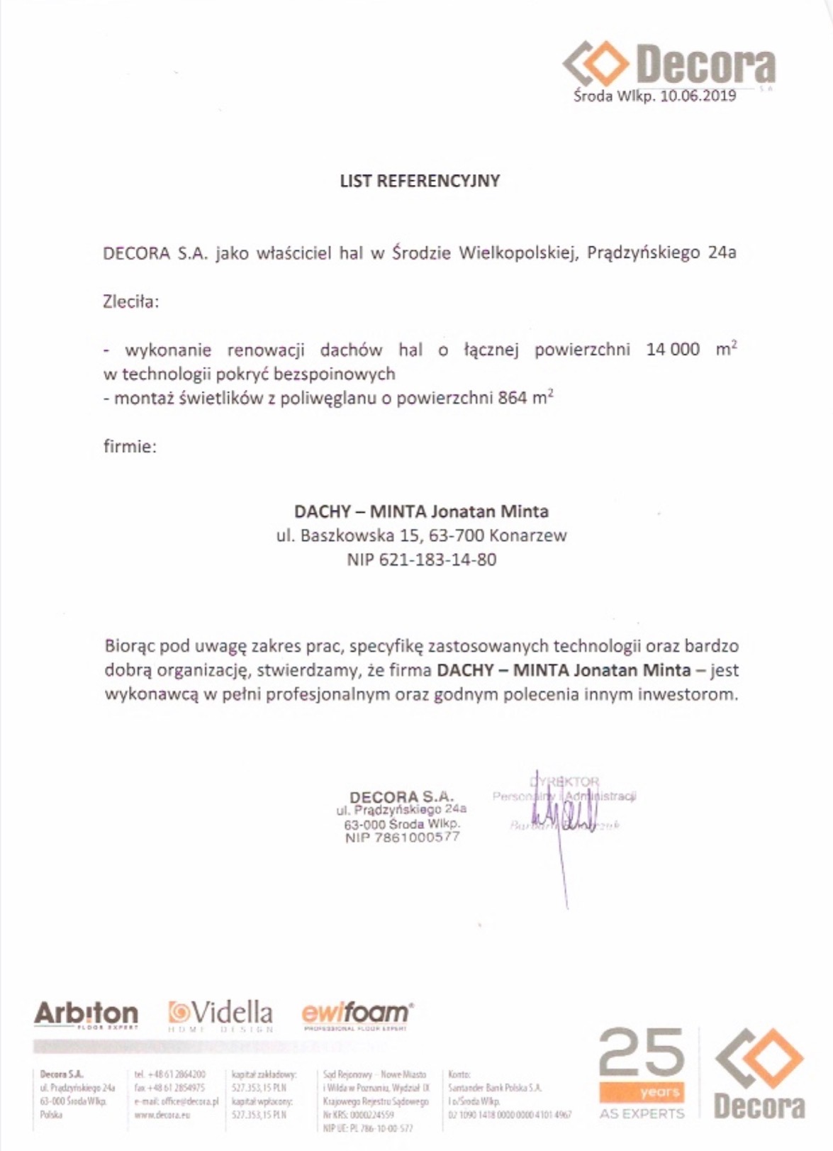 Referencje dla firmy dekarskiej: renowacja dachów hal (14000 m2) i montaż świetlików (864 m2). Logo Decora S.A. i Dachy-Minta.