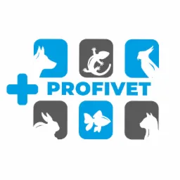 Logo Profivet: białe sylwetki psa, gekona, papugi, królika, ryby i kota na niebiesko-szarych kwadratach, obok niebieski krzyż