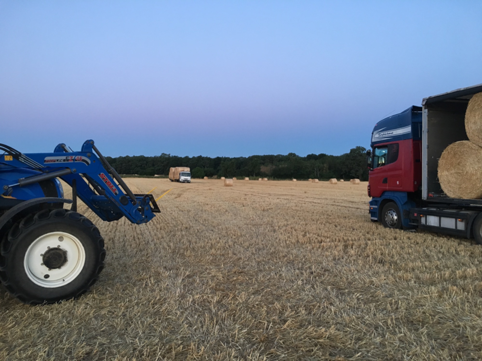 Pole po żniwach z prasowanymi balotami, niebieski traktor z przodu i ciężarówka z załadowanymi balotami z boku, kolejna ciężarówka w oddali, zachodzące słońce.