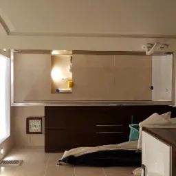 Jasna łazienka z beżowymi płytkami, podświetlaną wnęką, brązową szafką pod umywalką i zegarem na ścianie, widoczna kabina prysznicowa za szklaną przesłoną.