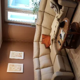 Jasny, modułowy narożnik z beżowej skóry, poduszka w kolorze rdzy, okrągły stolik z rattanu, drewniana podłoga, brązowa ściana z dwoma obrazkami, roślina doniczkowa przy oknie.