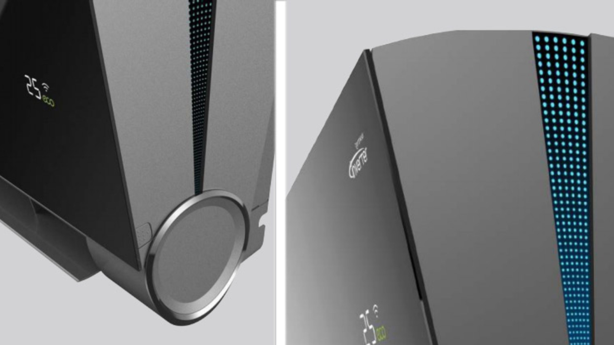 Szary, nowoczesny klimatyzator z niebieskimi diodami LED i wyświetlaczem temperatury, widok z dwóch stron.