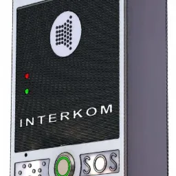 CAD model interkomu z przyciskiem SOS, diodami LED i logo głośnika w okręgu na czarnym tle z poziomymi paskami.
