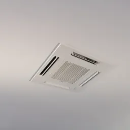 Biała, sufitowa jednostka klimatyzacyjna z widocznymi kratkami wentylacyjnymi i czarnymi wlotami powietrza, zamontowana na gładkim, białym suficie.